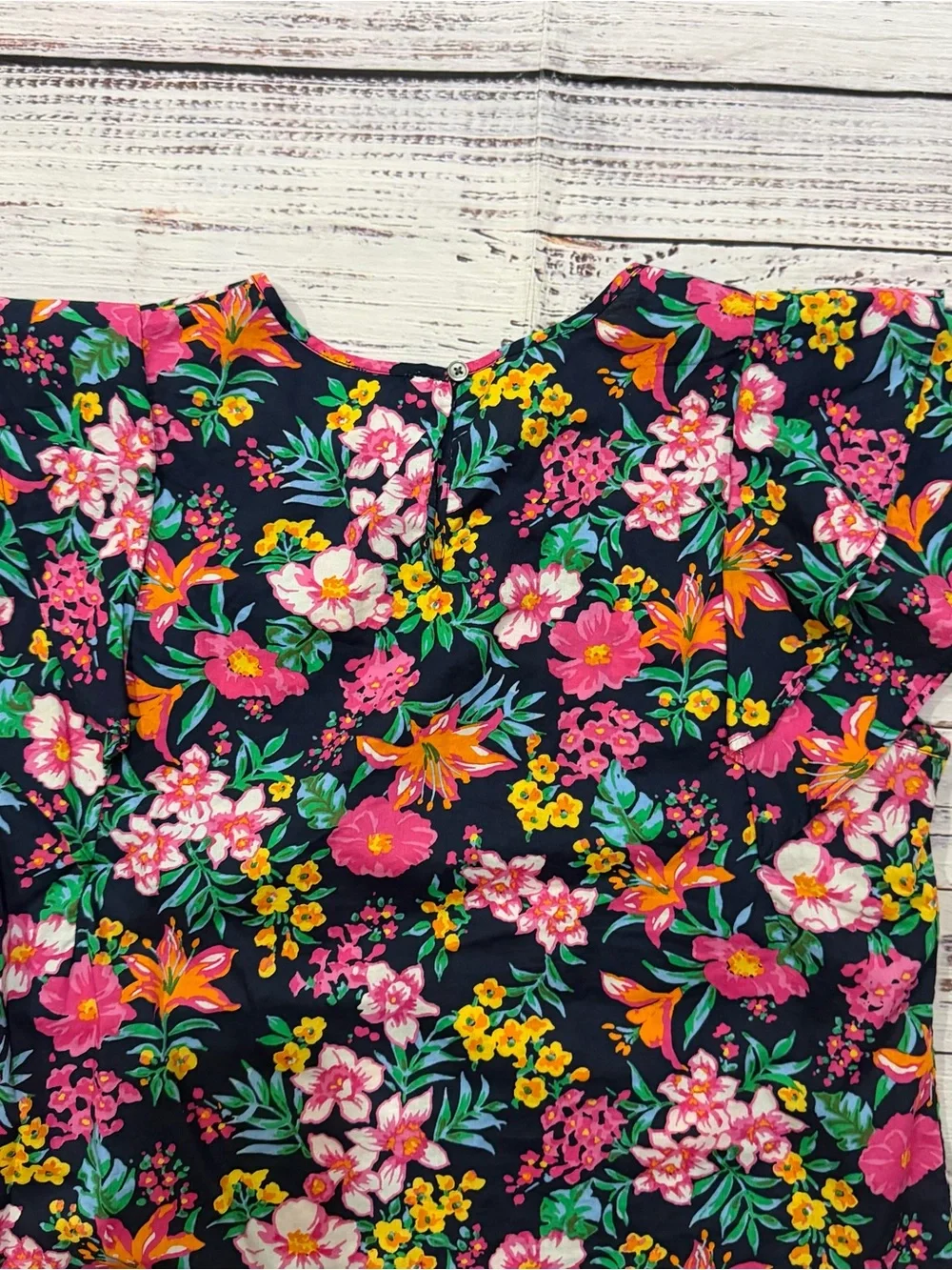 J. Crew Floral Short Sleeve Top - Navy with Pink & Yellow Blooms extra small